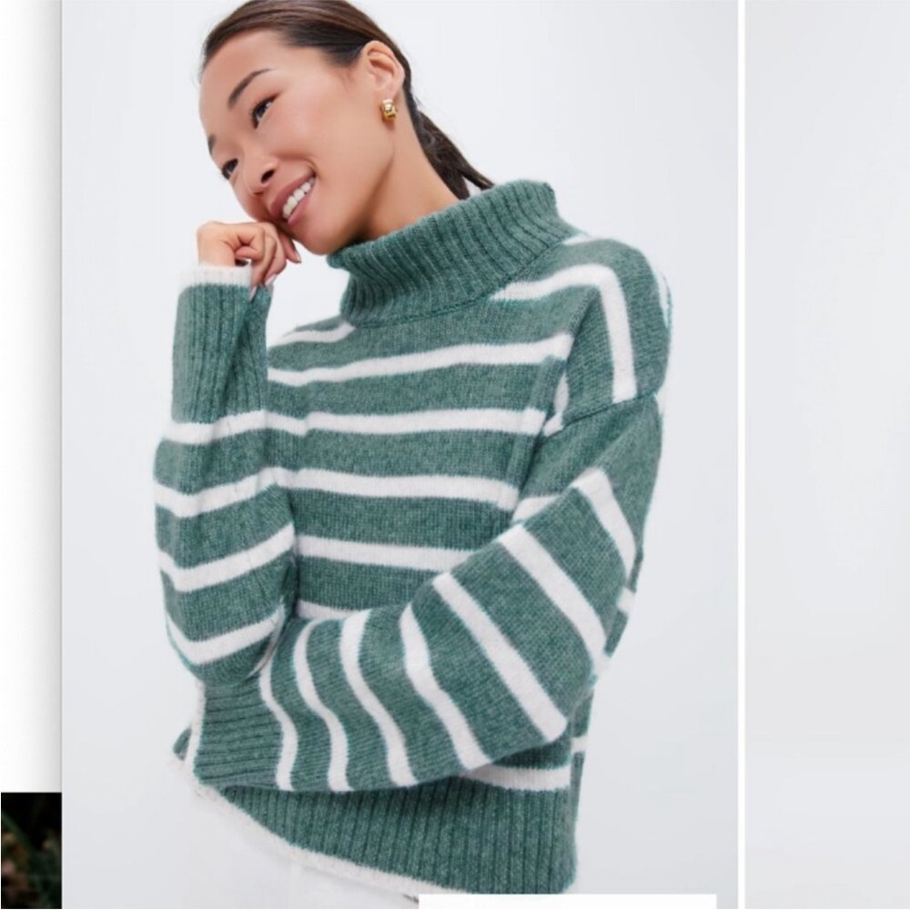 Z Supply Striped Turtleneck Sweater Green & Cream Size Large